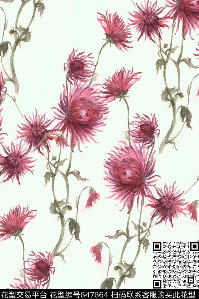手绘小菊花枝叶数码印花华亿平台下载（图片编号: 647664） - 瓦栏（Walan）
