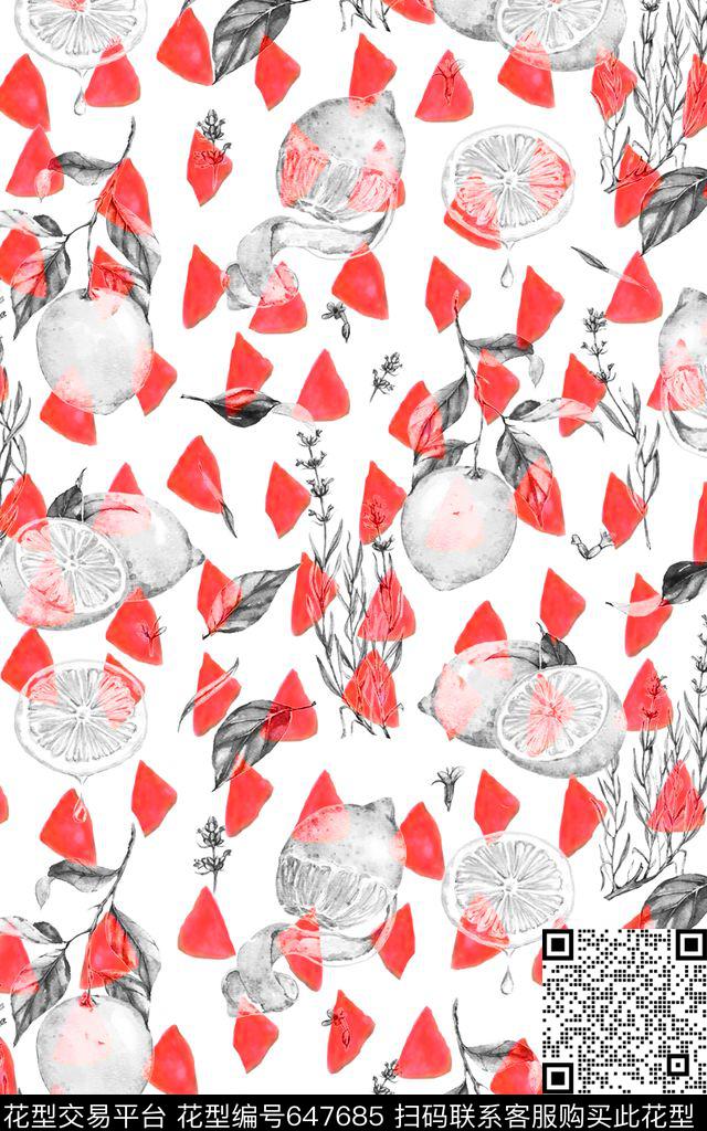 黑白手绘柠檬数码印花华亿平台下载（图片编号: 647685） - 瓦栏（Walan）