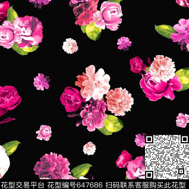 时尚流行牡丹数码印花华亿平台下载（图片编号: 647686） - 瓦栏（Walan）