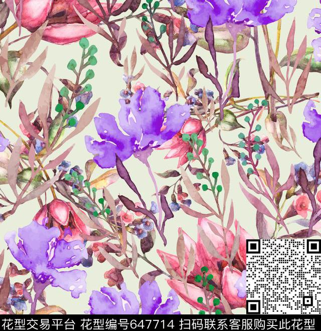 手绘花卉植物数码印花华亿平台下载（图片编号: 647714） - 瓦栏（Walan）
