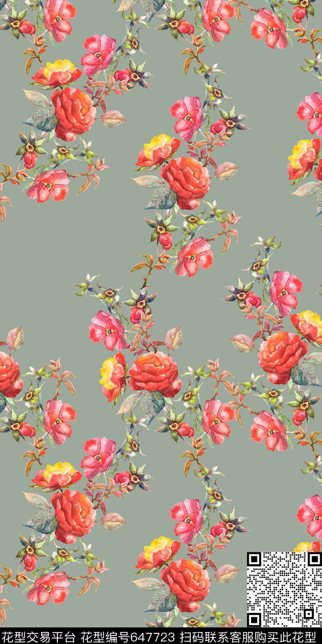 手绘玫瑰花卉数码印花华亿平台下载（图片编号: 647723） - 瓦栏（Walan）