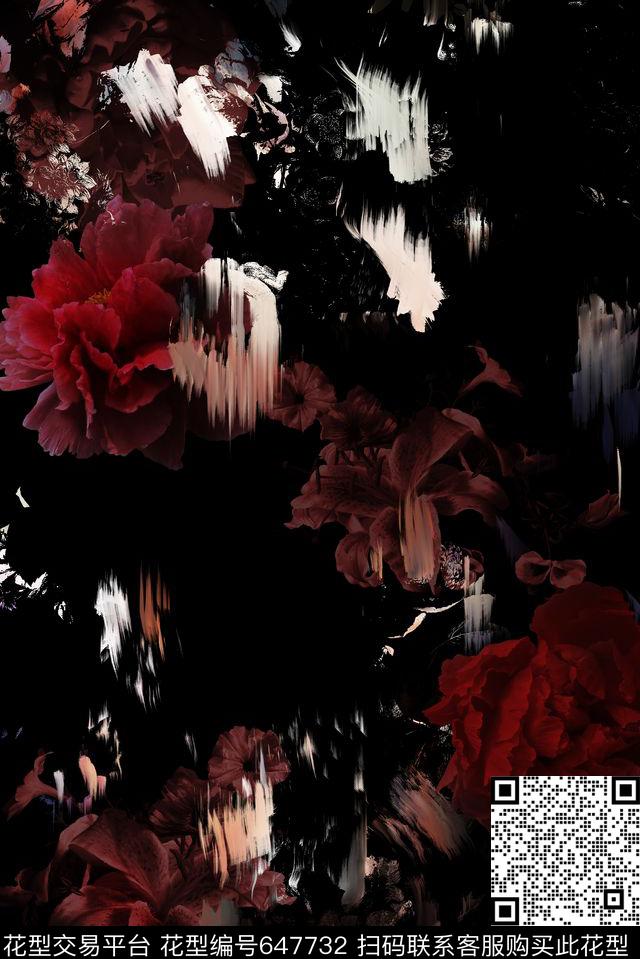 抽象黑底花卉数码印花华亿平台下载（图片编号: 647732） - 瓦栏（Walan）