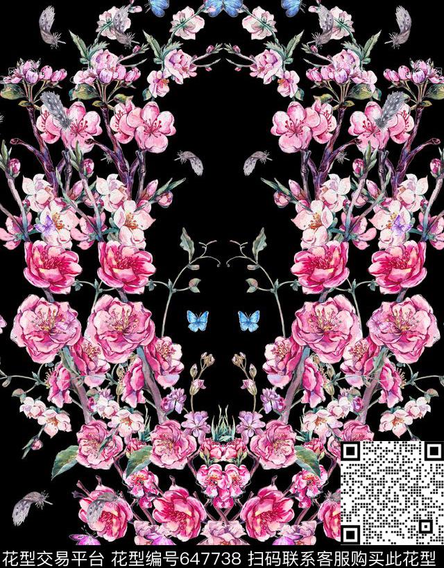 定位手绘枝条数码印花华亿平台下载（图片编号: 647738） - 瓦栏（Walan）