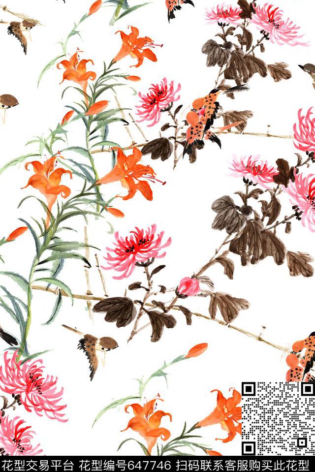 写意中国风菊花数码印花华亿平台下载（图片编号: 647746） - 瓦栏（Walan）