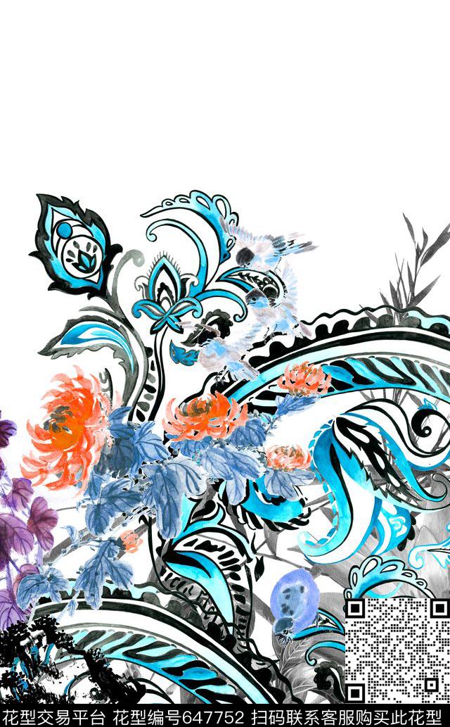 水墨菊花花纹数码印花华亿平台下载（图片编号: 647752） - 瓦栏（Walan）