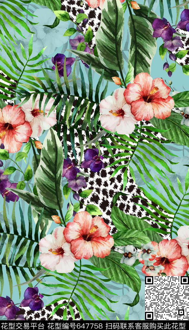 撞色热带风情、豹纹花卉数码印花华亿平台下载（图片编号: 647758） - 瓦栏（Walan）