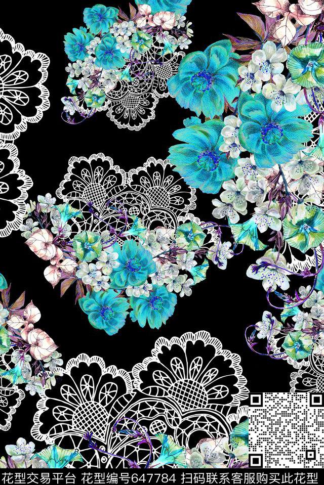 蕾丝底手绘数码印花华亿平台下载（图片编号: 647784） - 瓦栏（Walan）