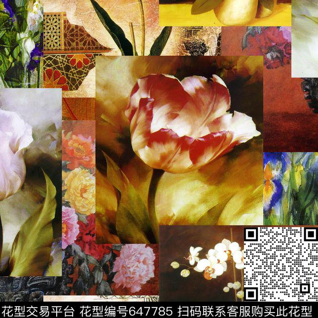油画此华亿平台为1/2跳接花朵数码印花华亿平台下载（图片编号: 647785） - 瓦栏（Walan）
