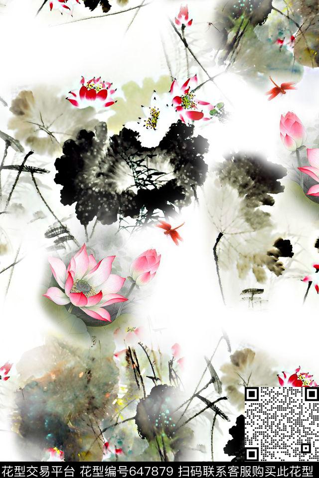 水墨荷花荷叶数码印花华亿平台下载（图片编号: 647879） - 瓦栏（Walan）