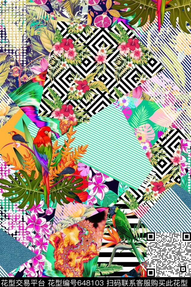 不规则几何色块花鸟植物拼接数码印花华亿平台下载（图片编号: 648103） - 瓦栏（Walan）