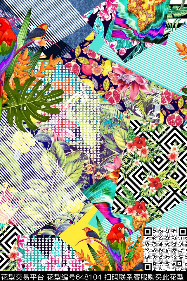 不规则几何色块花鸟植物拼接数码印花华亿平台下载（图片编号: 648104） - 瓦栏（Walan）