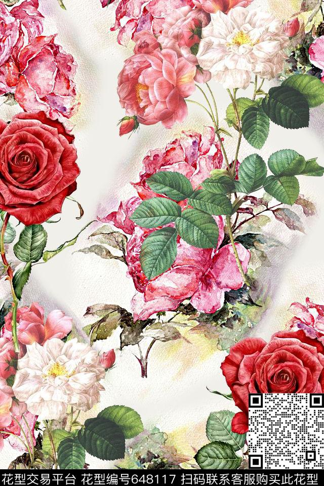 时尚抽象水彩手绘花卉数码印花时尚女装裙子复古玫瑰花印花时尚国际大牌女装清爽春夏印花数码印花华亿平台下载（图片编号: 648117） - 瓦栏（Walan）
