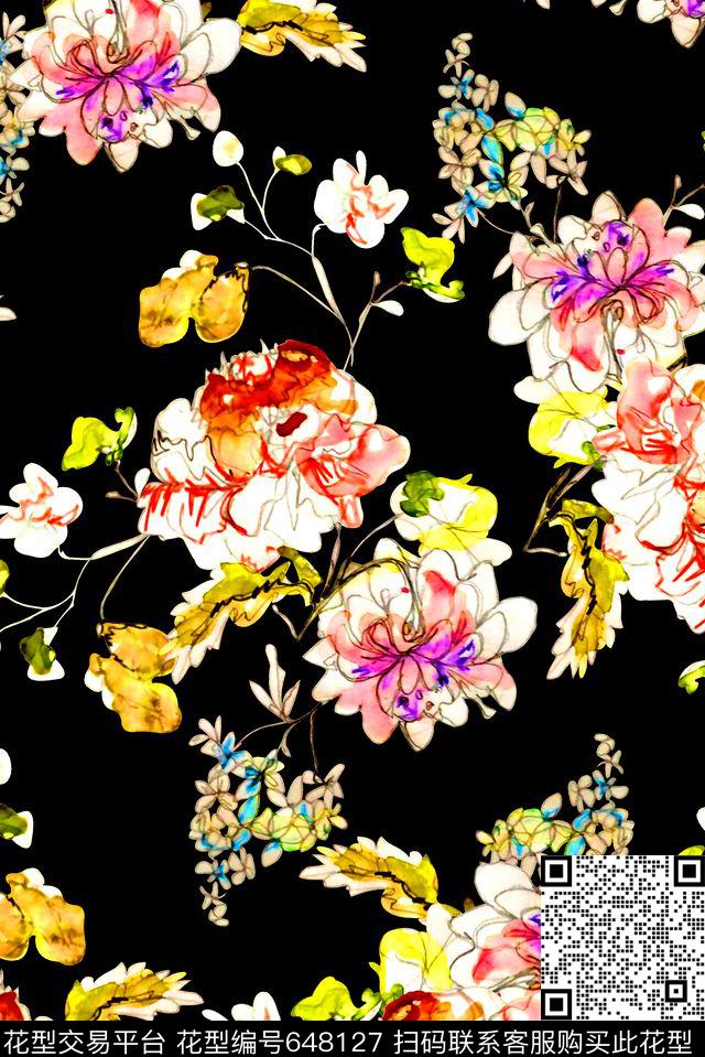 抽象手绘满版花卉最新高清数码水彩花卉时尚潮流大牌复古欧美风女装裙数码印花华亿平台下载（图片编号: 648127） - 瓦栏（Walan）