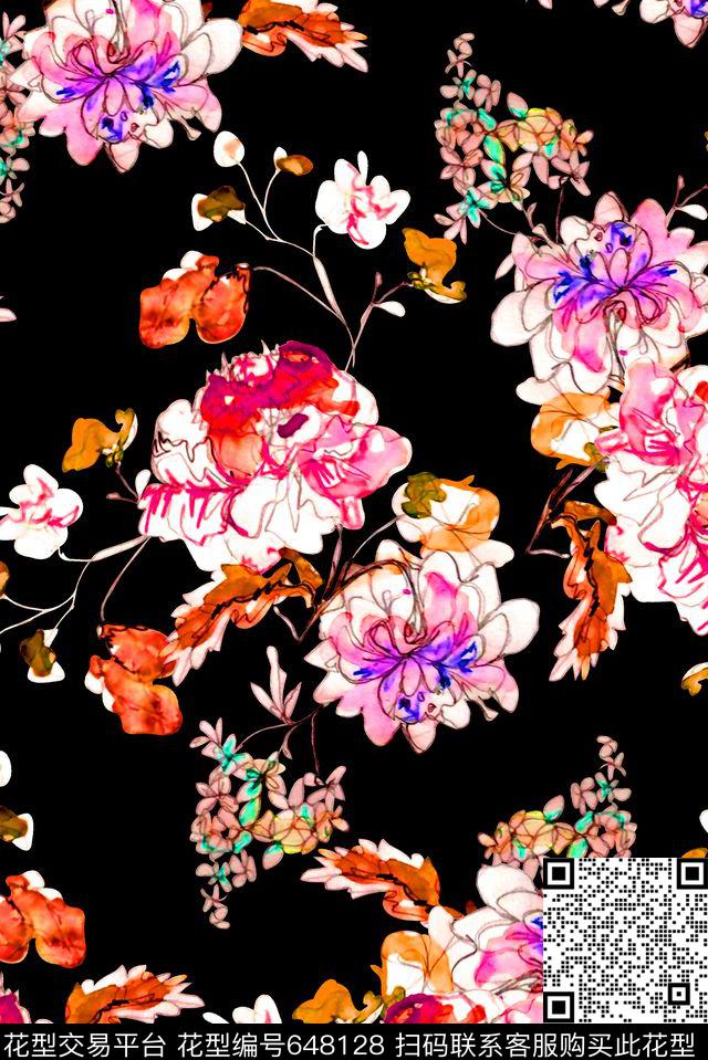 抽象手绘满版花卉最新高清数码水彩花卉时尚潮流大牌复古欧美风女装裙数码印花华亿平台下载（图片编号: 648128） - 瓦栏（Walan）