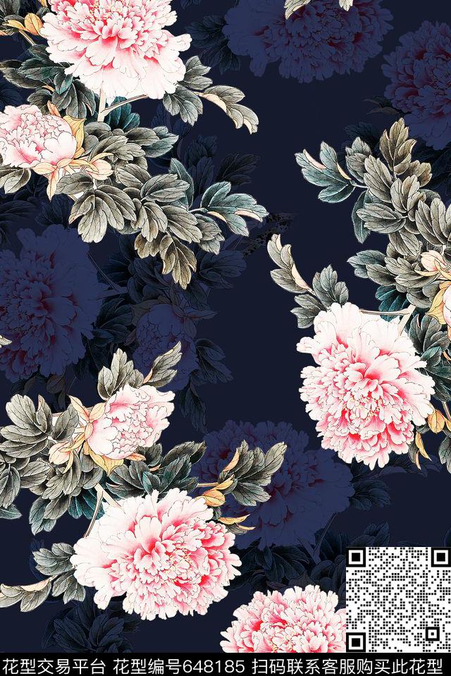 牡丹花朵中国风数码印花华亿平台下载（图片编号: 648185） - 瓦栏（Walan）
