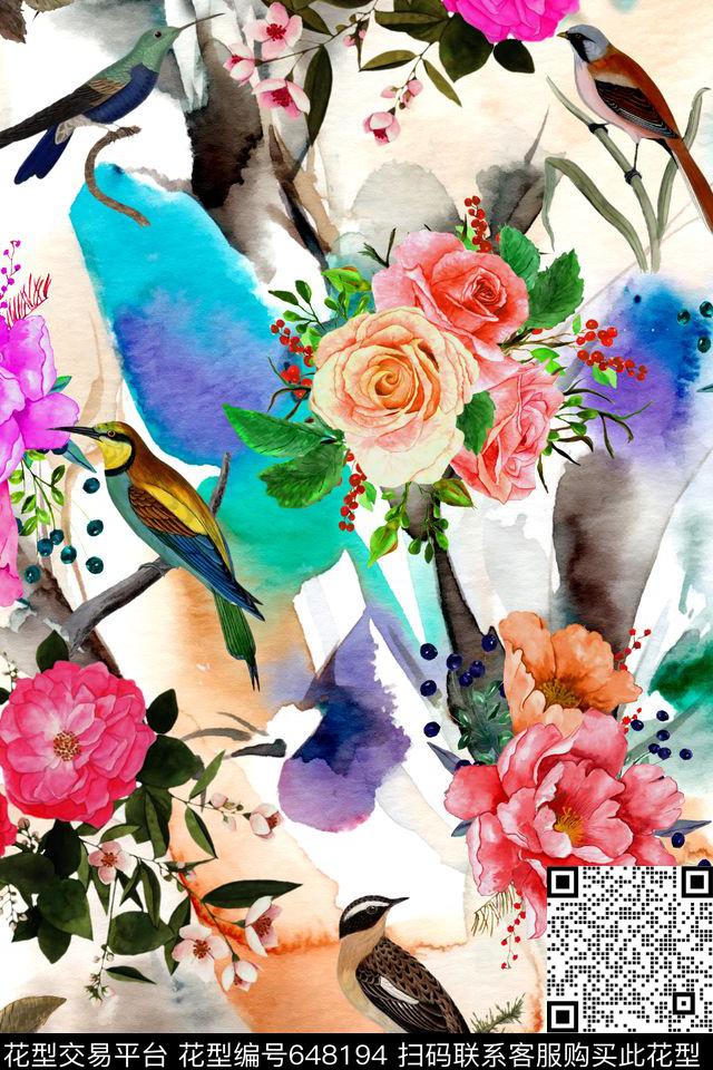 水彩花鸟女装数码印花华亿平台下载（图片编号: 648194） - 瓦栏（Walan）