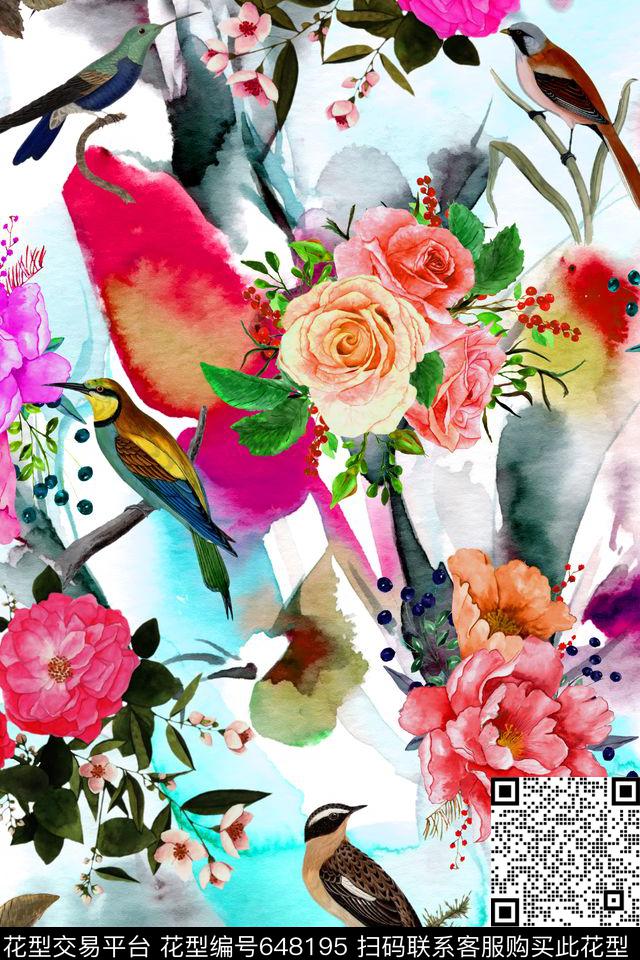 水彩花鸟女装数码印花华亿平台下载（图片编号: 648195） - 瓦栏（Walan）