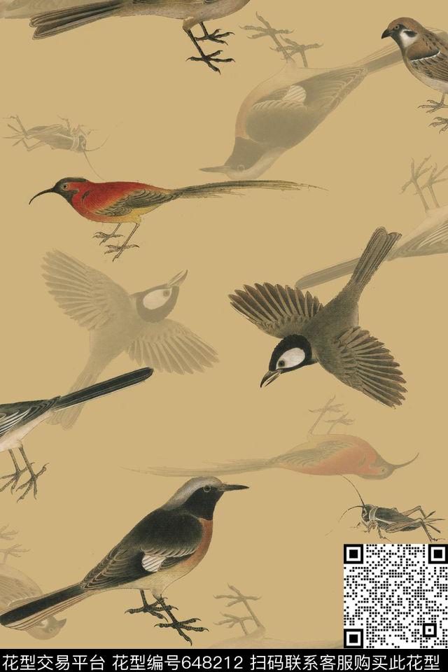 工笔画鸟蚂蚱数码印花华亿平台下载（图片编号: 648212） - 瓦栏（Walan）