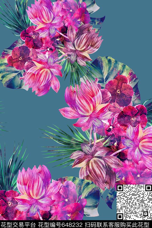 荷花棕榈叶热带数码印花华亿平台下载（图片编号: 648232） - 瓦栏（Walan）