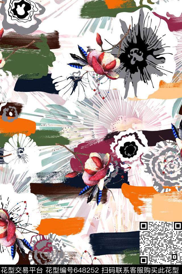 抽象笔刷花卉数码印花华亿平台下载（图片编号: 648252） - 瓦栏（Walan）