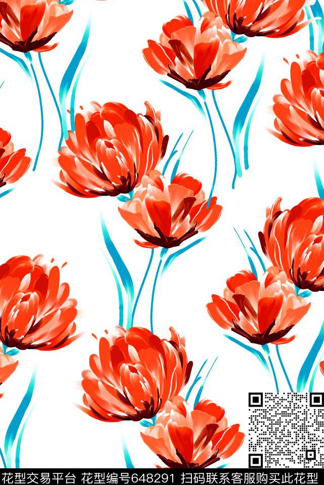 手绘水墨郁金香数码印花华亿平台下载（图片编号: 648291） - 瓦栏（Walan）