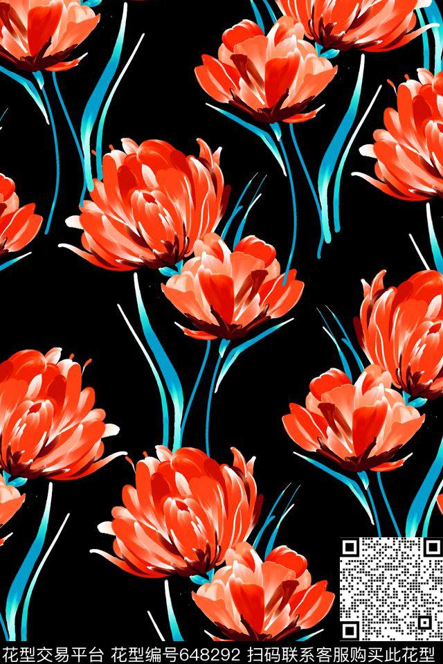 手绘水墨郁金香数码印花华亿平台下载（图片编号: 648292） - 瓦栏（Walan）