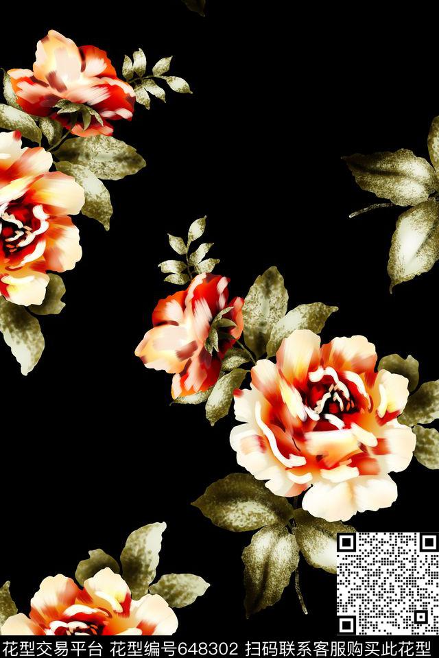 大朵复古手绘数码印花华亿平台下载（图片编号: 648302） - 瓦栏（Walan）