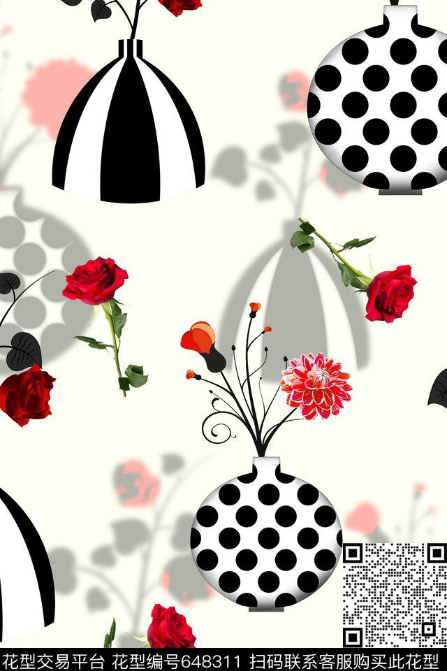 花卉黑白四方连续数码印花华亿平台下载（图片编号: 648311） - 瓦栏（Walan）