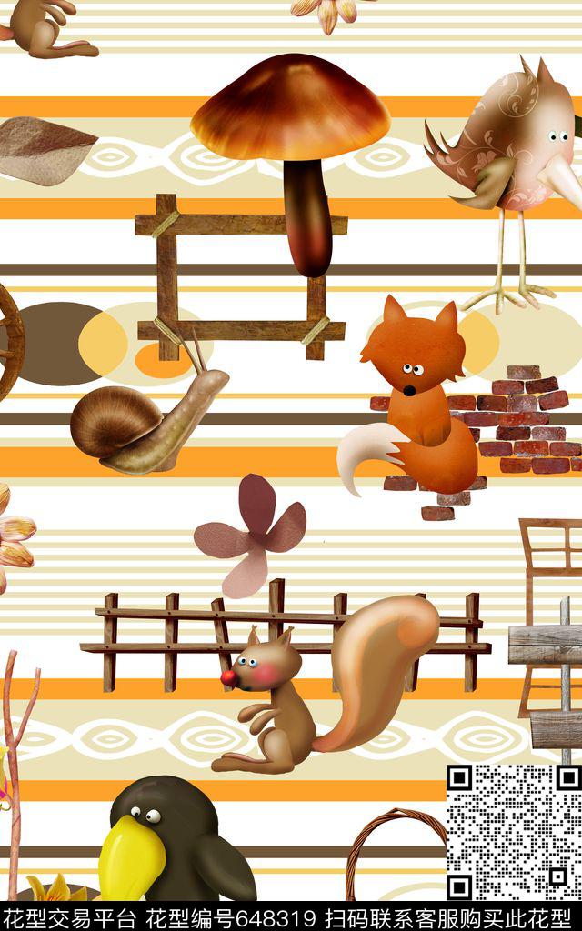 条纹松鼠蘑菇数码印花华亿平台下载（图片编号: 648319） - 瓦栏（Walan）