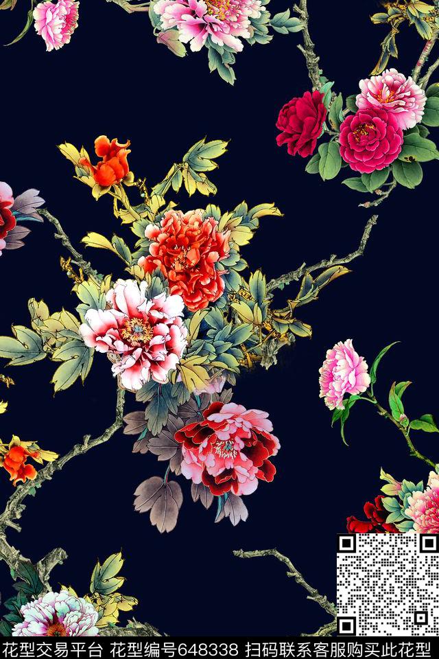 牡丹花中国风数码印花华亿平台下载（图片编号: 648338） - 瓦栏（Walan）
