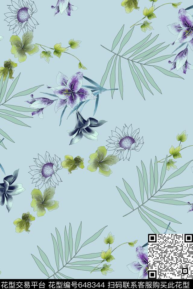 手绘树叶花卉数码印花华亿平台下载（图片编号: 648344） - 瓦栏（Walan）