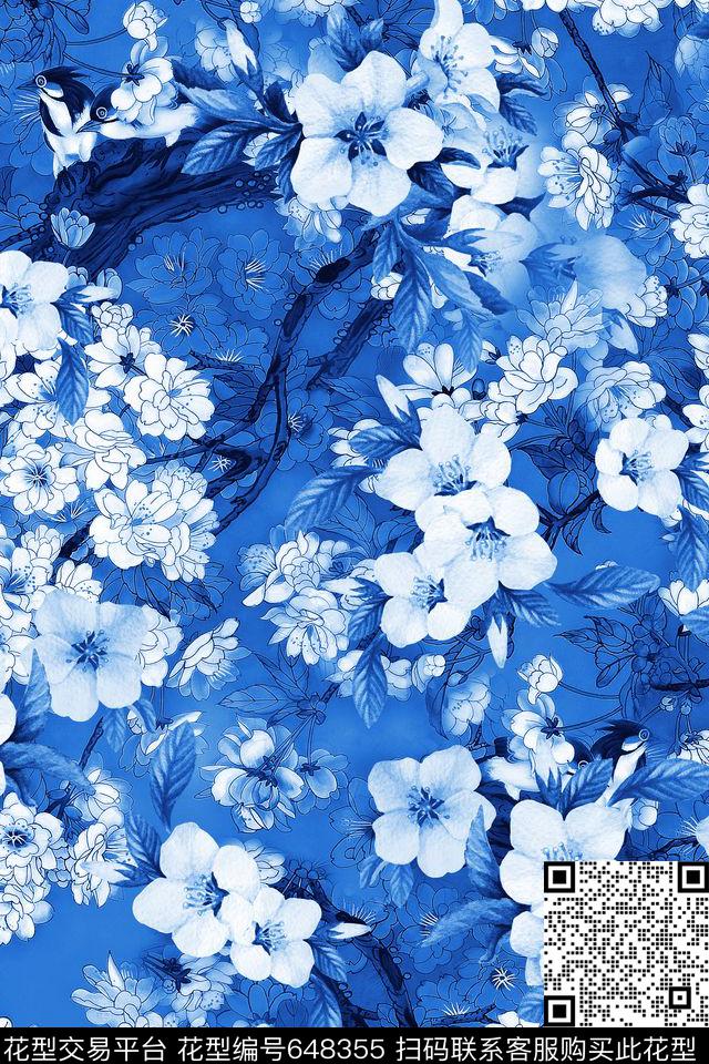 中国风杏花樱花数码印花华亿平台下载（图片编号: 648355） - 瓦栏（Walan）