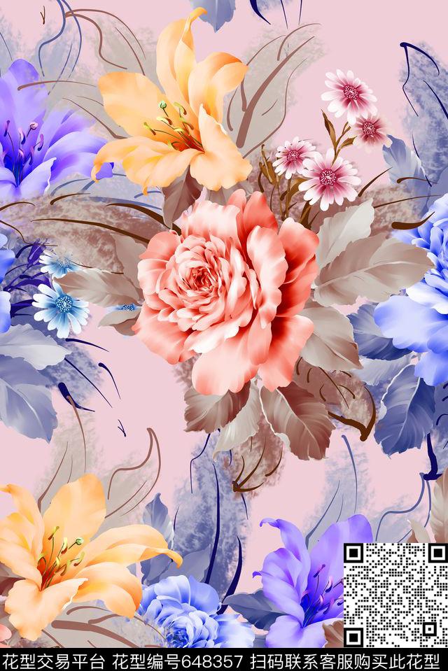 大朵优雅手绘数码印花华亿平台下载（图片编号: 648357） - 瓦栏（Walan）