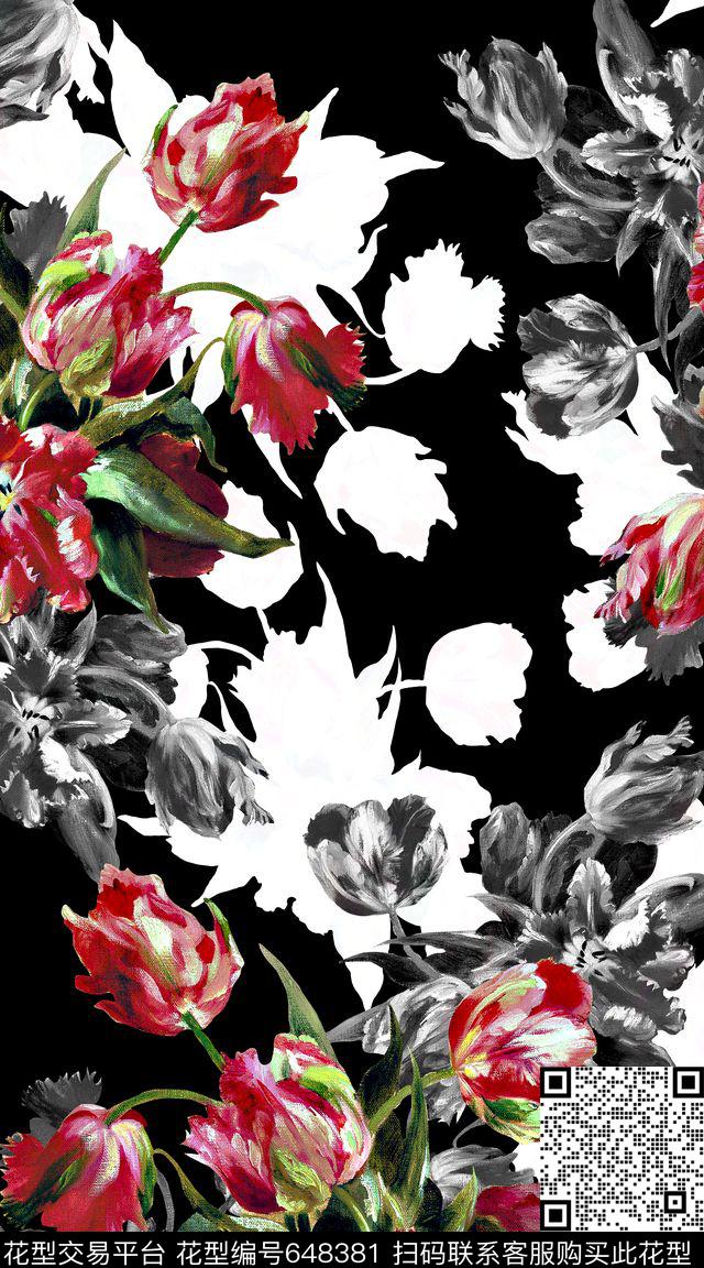 时尚流行色油画花卉数码印花华亿平台下载（图片编号: 648381） - 瓦栏（Walan）