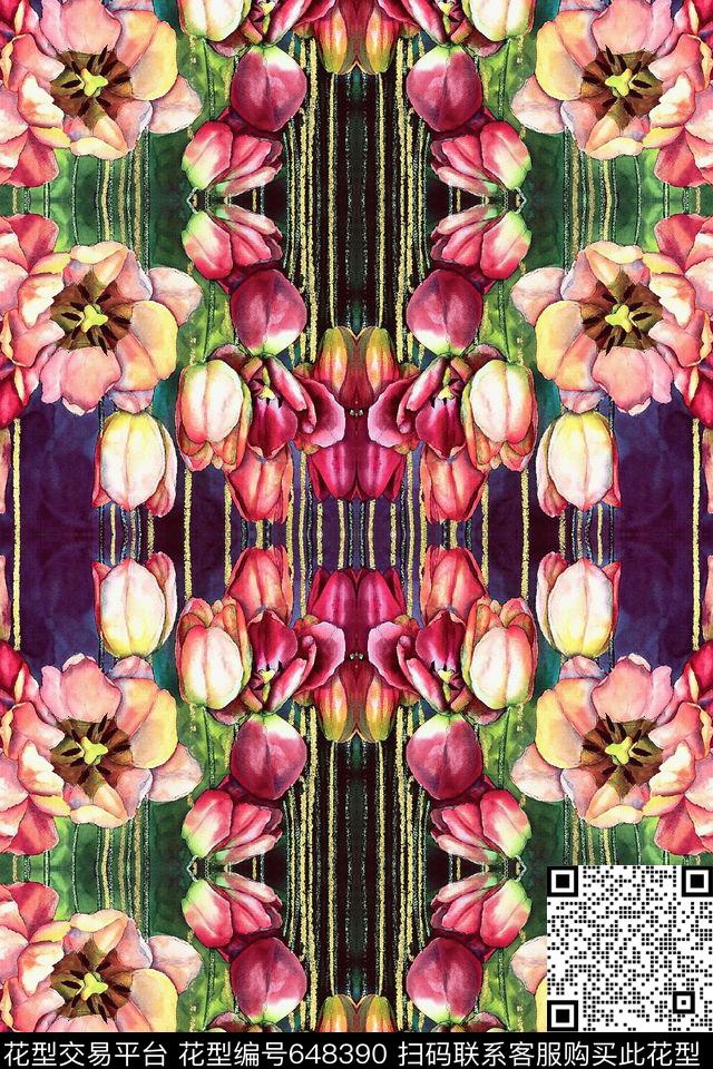 花朵对称花卉数码印花华亿平台下载（图片编号: 648390） - 瓦栏（Walan）
