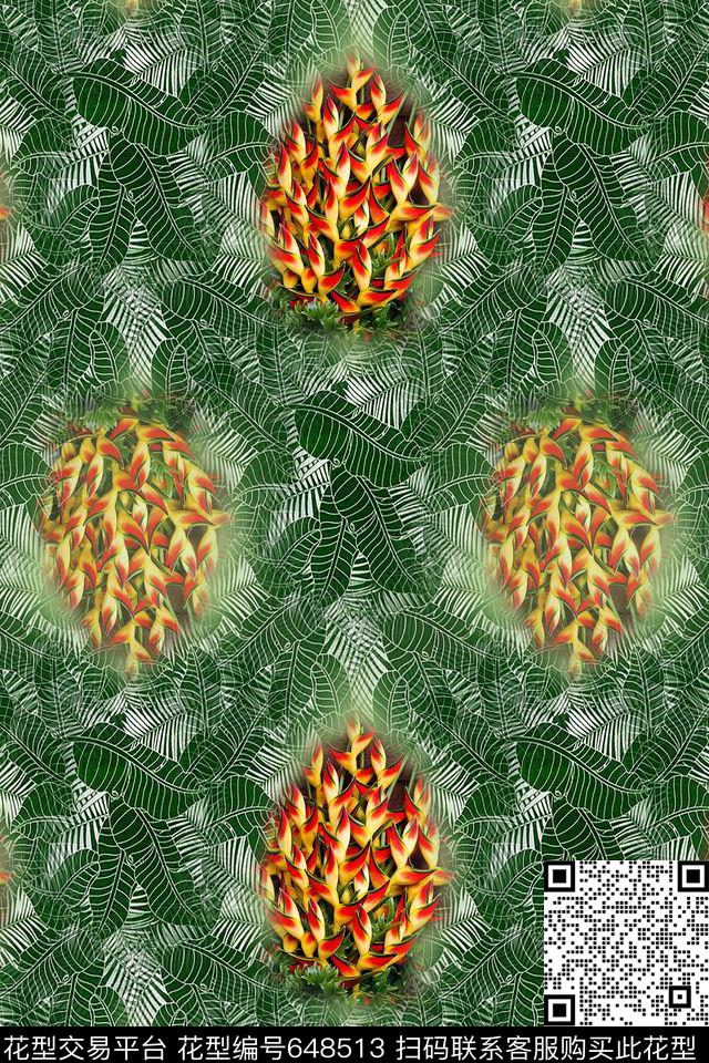 热带植物风格花卉叶子数码印花华亿平台下载（图片编号: 648513） - 瓦栏（Walan）