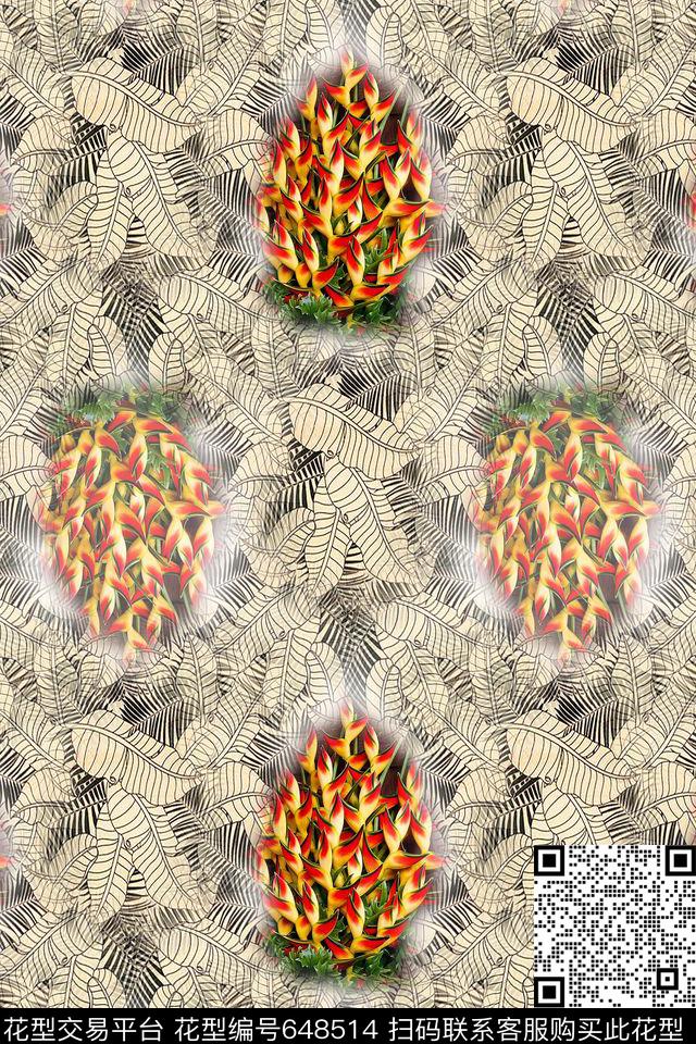 热带植物风格花卉叶子数码印花华亿平台下载（图片编号: 648514） - 瓦栏（Walan）