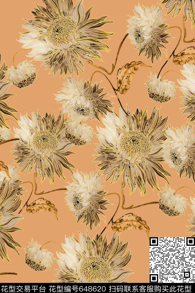 手绘土豪金向日葵数码印花华亿平台下载（图片编号: 648620） - 瓦栏（Walan）