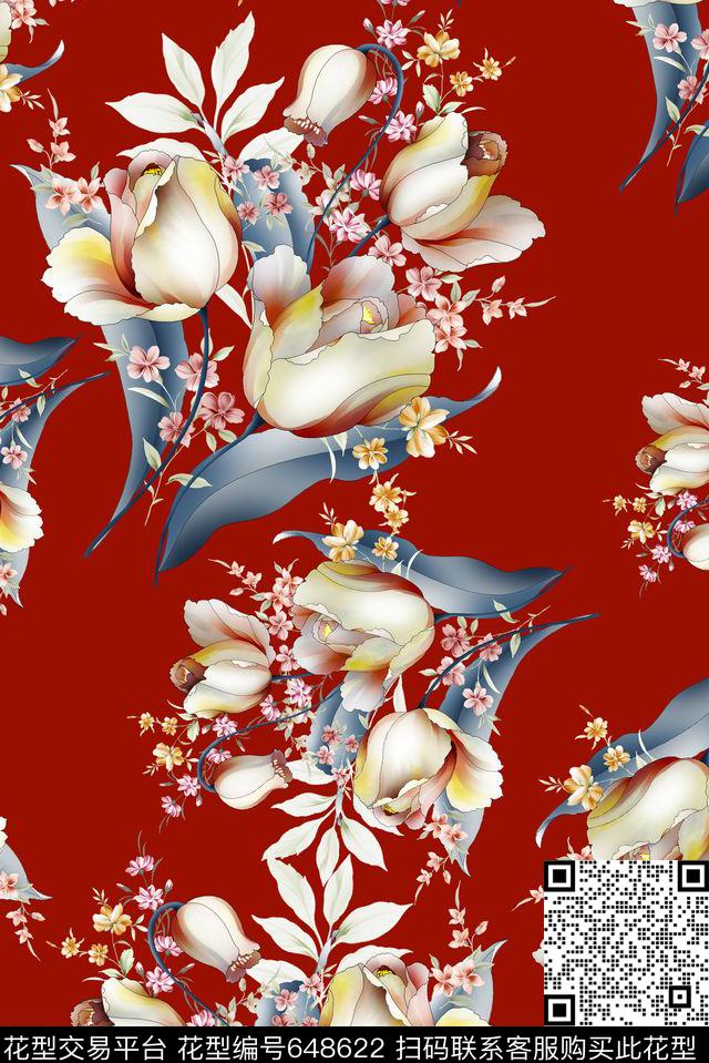 花卉组合手绘东北大花数码印花华亿平台下载（图片编号: 648622） - 瓦栏（Walan）