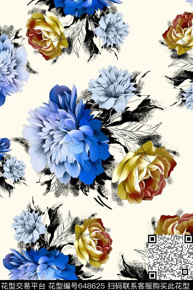 经典手绘水墨数码印花华亿平台下载（图片编号: 648625） - 瓦栏（Walan）