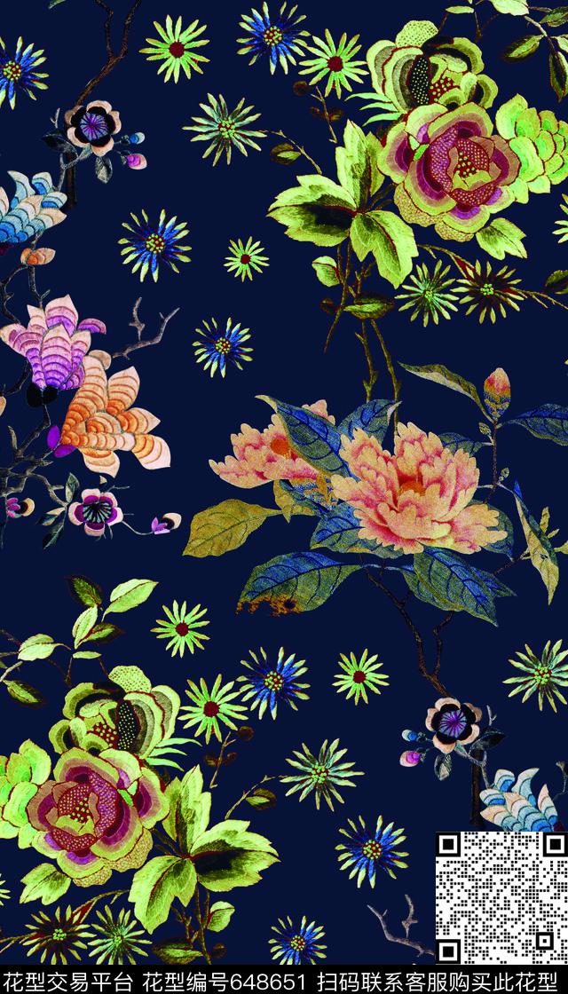 原创刺绣刺绣花水墨花数码印花华亿平台下载（图片编号: 648651） - 瓦栏（Walan）
