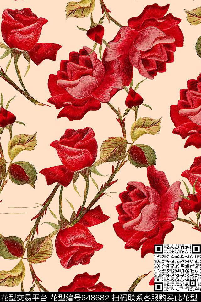 时尚抽象绣花玫瑰花印花时尚国际大牌女装裙子外套花卉印花复古中国风数码印花数码印花华亿平台下载（图片编号: 648682） - 瓦栏（Walan）