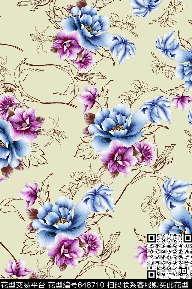 大朵经典手绘数码印花华亿平台下载（图片编号: 648710） - 瓦栏（Walan）