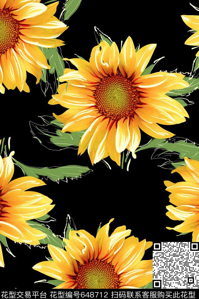 超大朵手绘向日葵数码印花华亿平台下载（图片编号: 648712） - 瓦栏（Walan）
