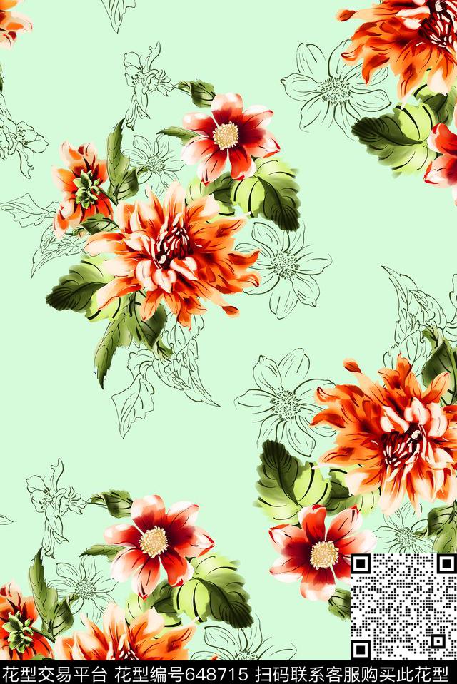 大朵手绘花卉数码印花华亿平台下载（图片编号: 648715） - 瓦栏（Walan）