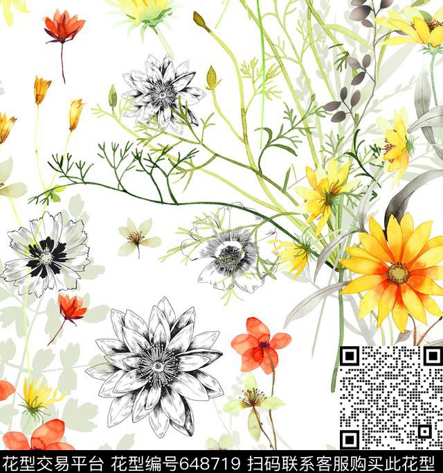 花卉、笔触剪影花朵传统印花华亿平台下载（图片编号: 648719） - 瓦栏（Walan）