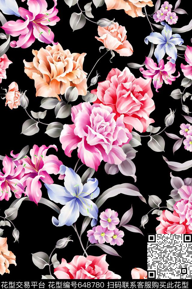 经典黑底手绘数码印花华亿平台下载（图片编号: 648780） - 瓦栏（Walan）