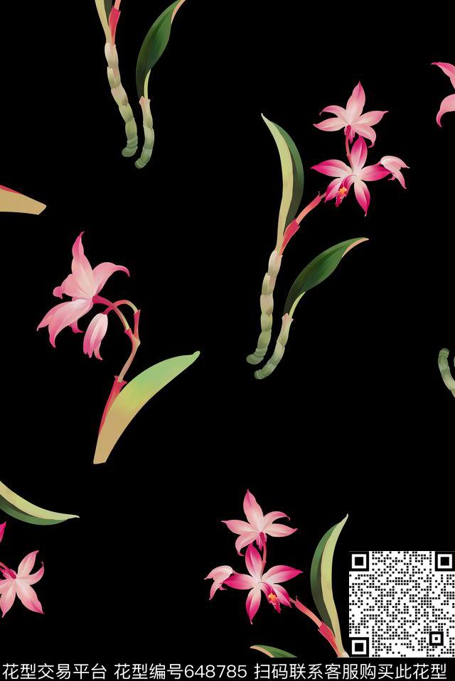 黑底手绘热带数码印花华亿平台下载（图片编号: 648785） - 瓦栏（Walan）
