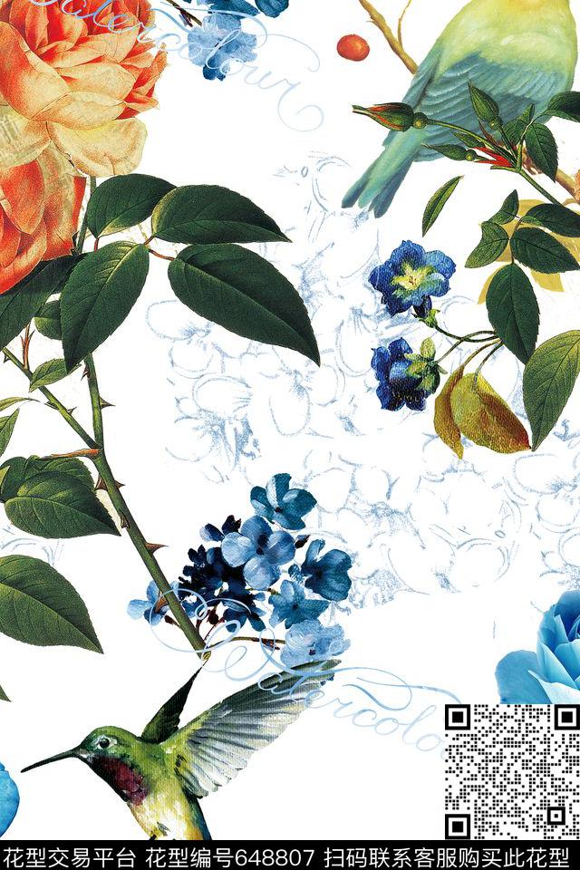 鸟玫瑰花卉数码印花华亿平台下载（图片编号: 648807） - 瓦栏（Walan）