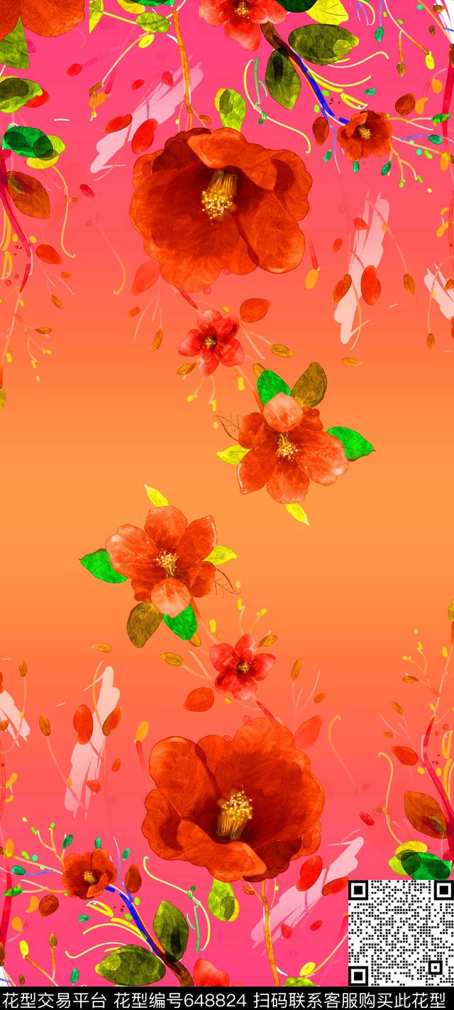 玫瑰大花花卉数码印花华亿平台下载（图片编号: 648824） - 瓦栏（Walan）